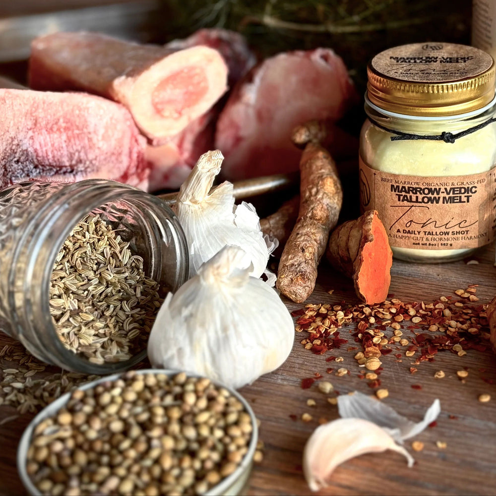 Spices and ingredients on a wooden surface with jars of honey and a brand logo.
