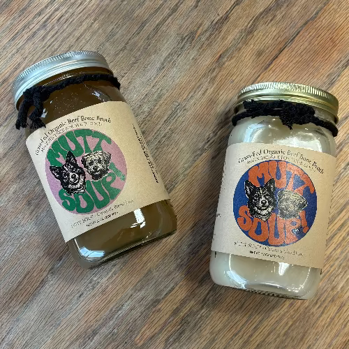 Two jars of 'Mutt Soup' organic bone broth for dogs